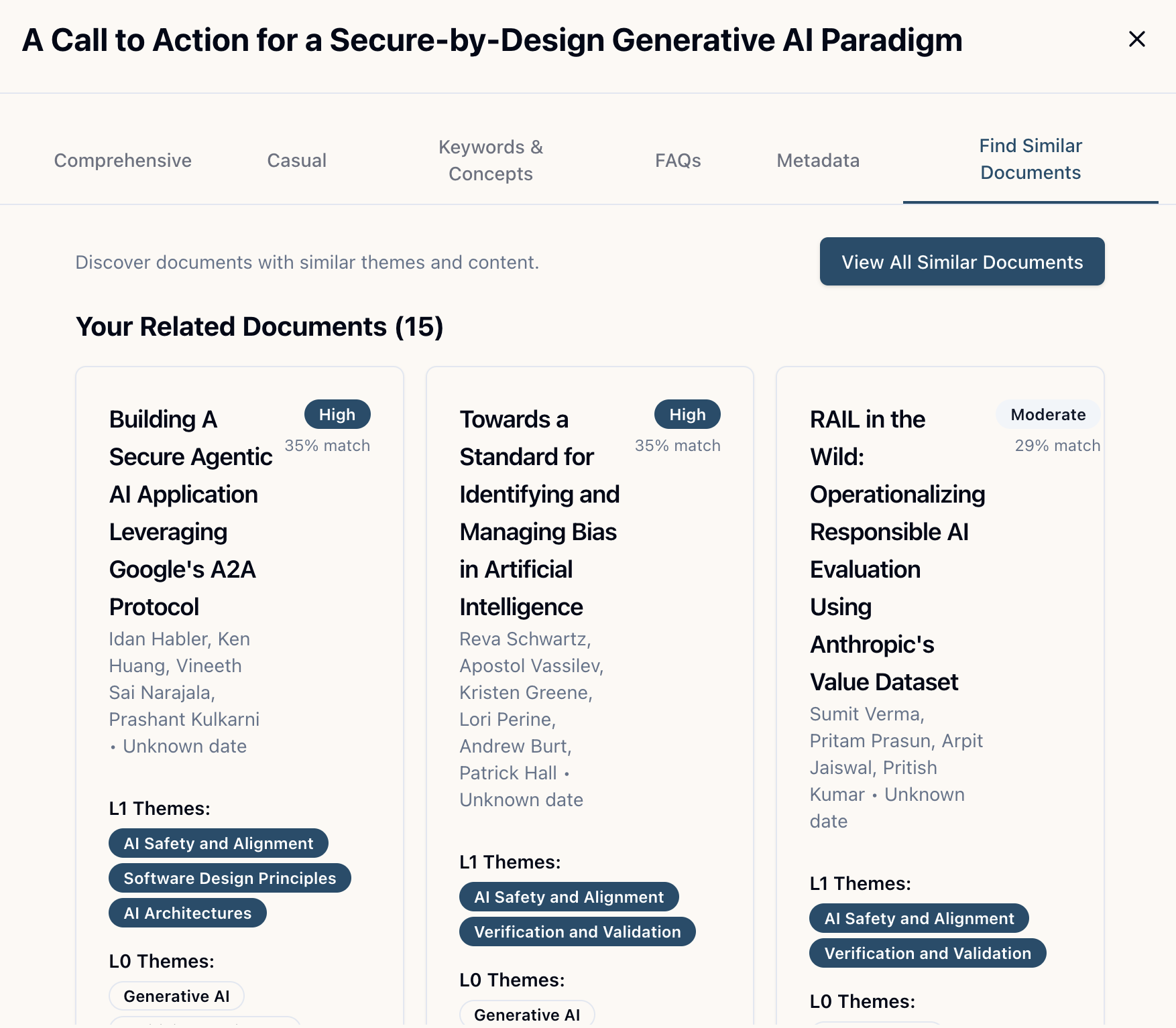 Similar documents view showing theme overlap and similarity scores