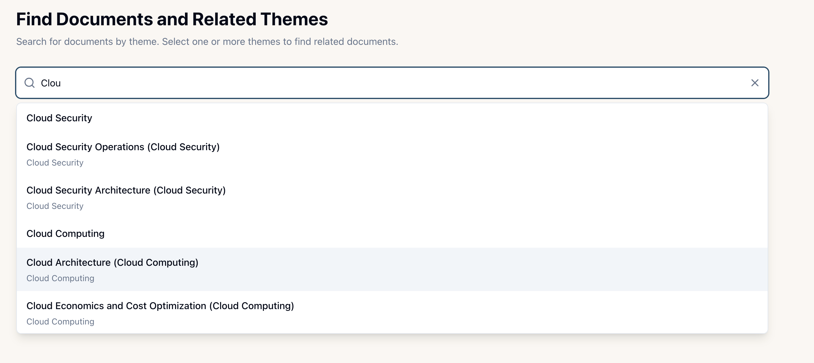 Theme-based search interface showing fuzzy search suggestions