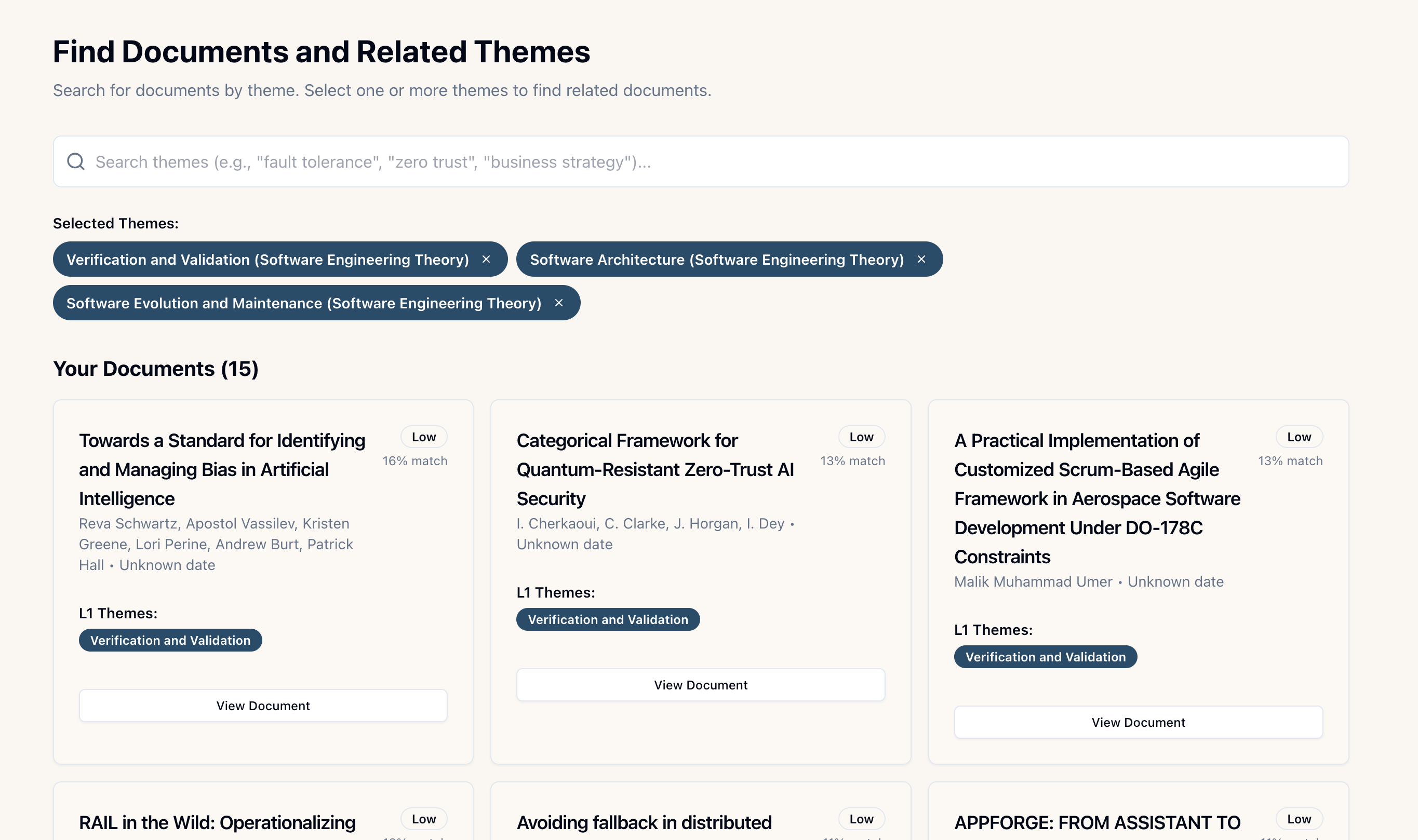 Search results showing documents organized by themes