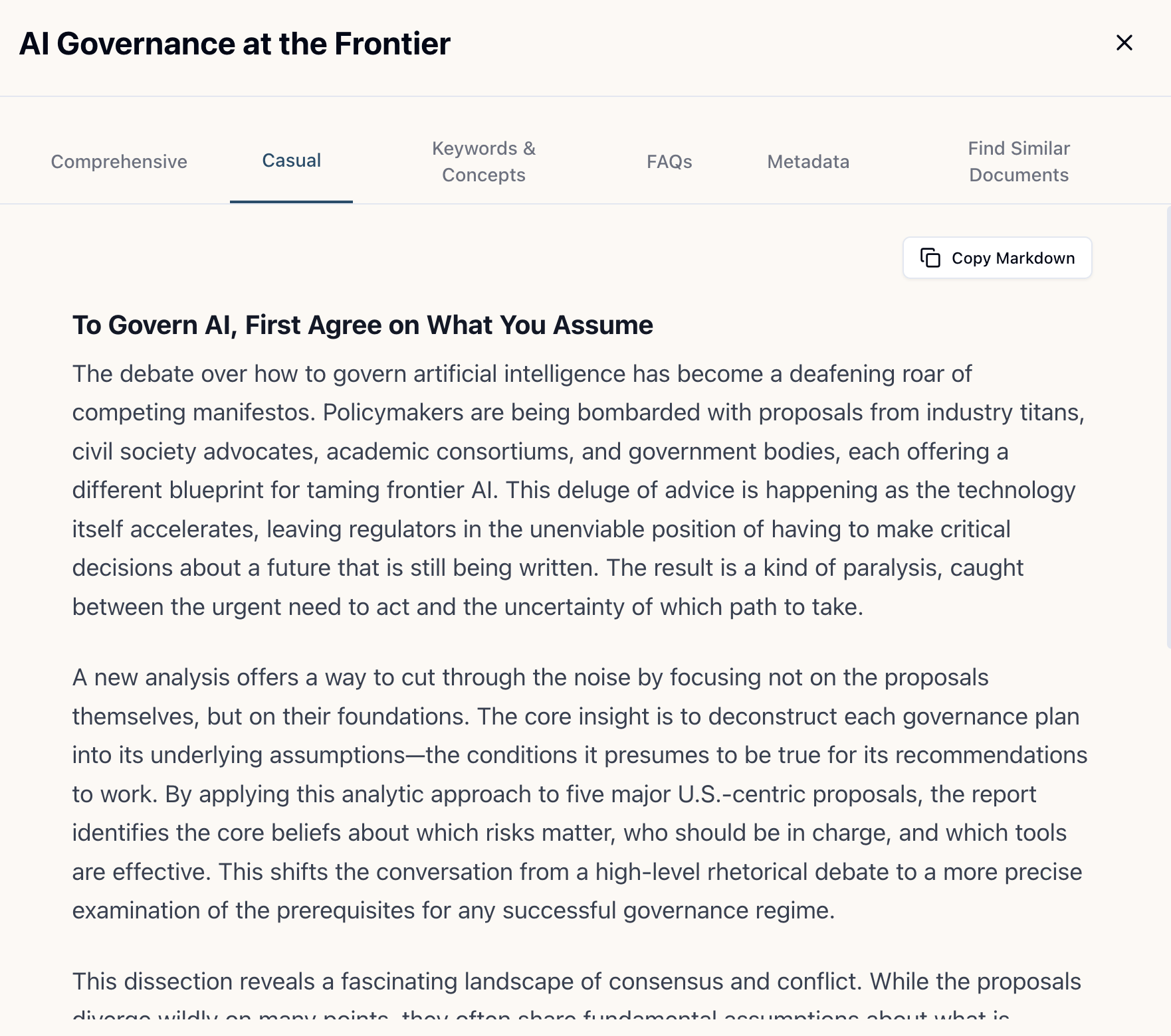 Assay casual summary example - narrative-style document summary in Wired magazine format