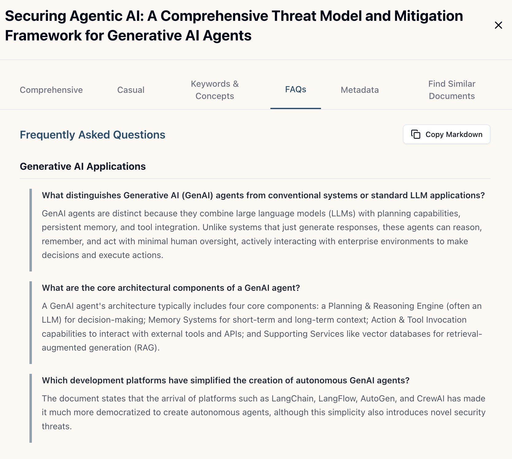Assay FAQ summary example - theme-organized questions and answers from document collection